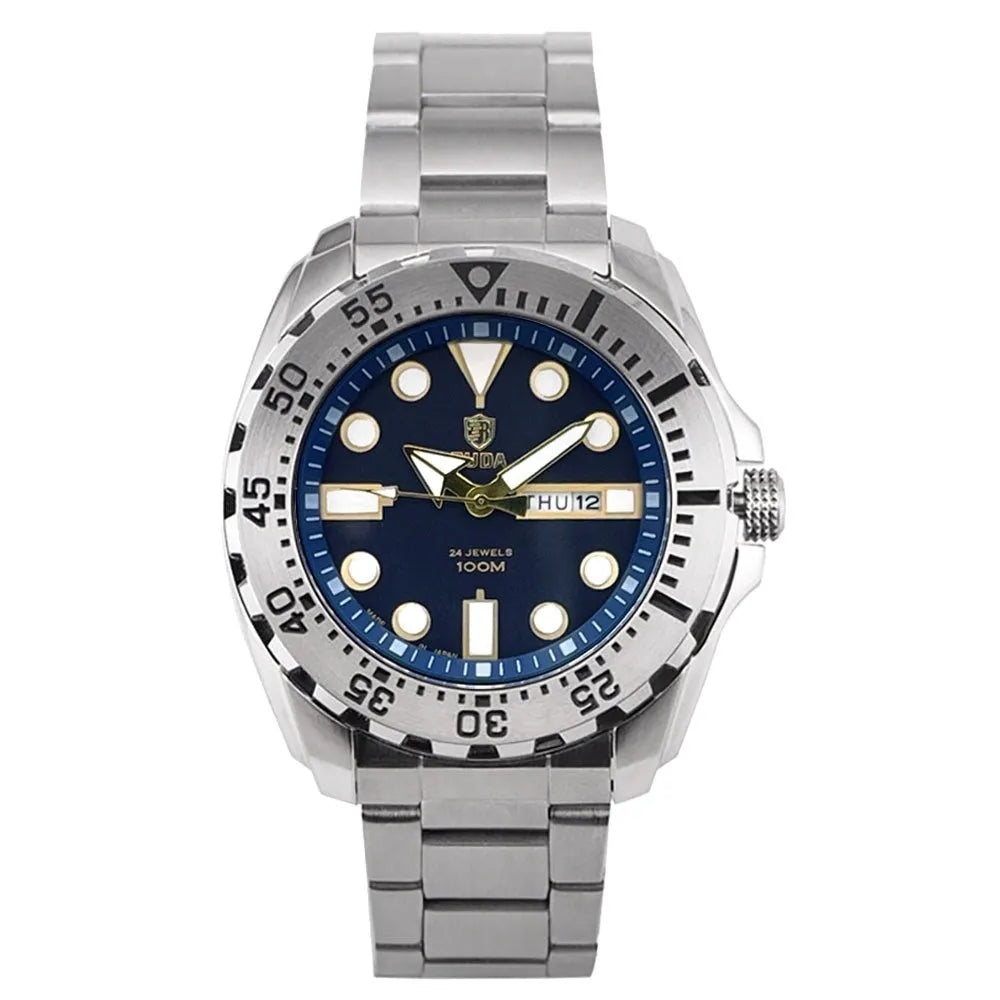 Men's waterproof luminous quartz watch with blue dial and steel band on wrist