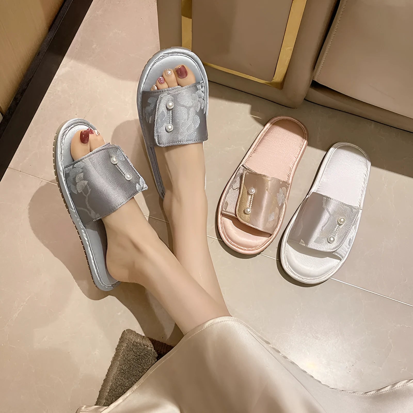 Casual soft bottom non-slip flat sandals with TPR sole, breathable spliced upper, available in blue pink and white colours