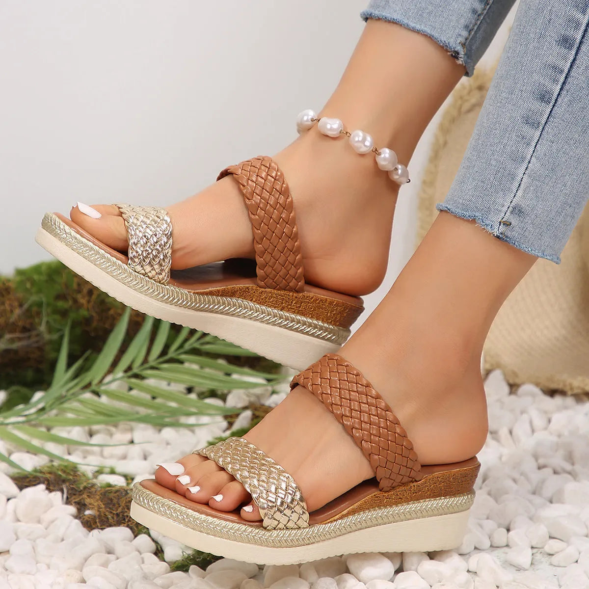 Gold and silver plus size wedge sandals for women, sizes 36-43, with PU upper and rubber sole.