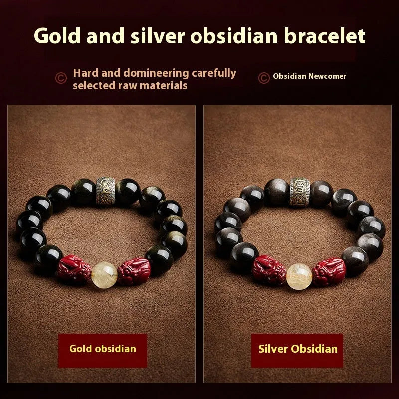Natural cinnabar bead bracelet with carved animal zodiac design in gold obsidian and silver stone on a silver gift box