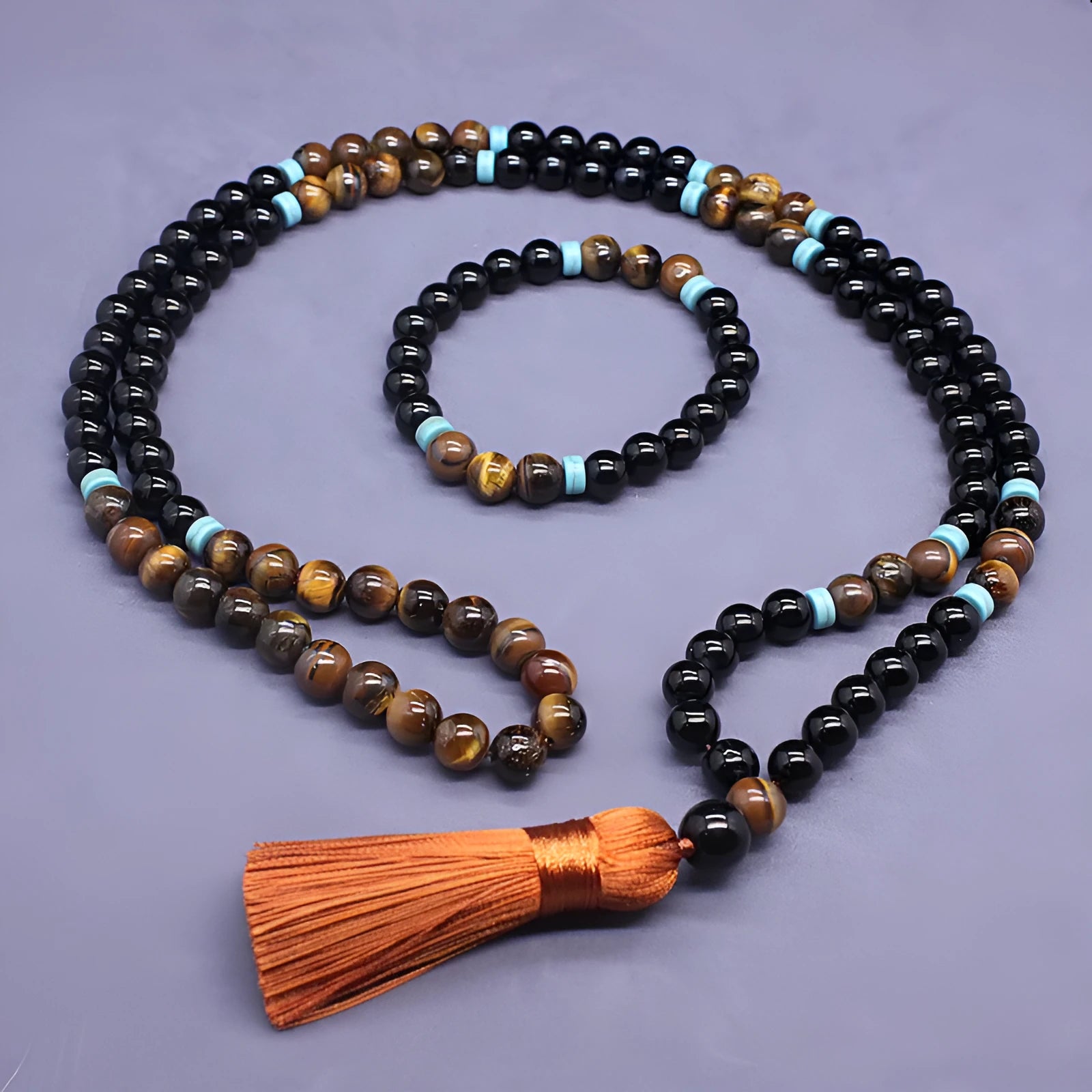 Black agate geometric bracelet and tigereye stone necklace jewellery set