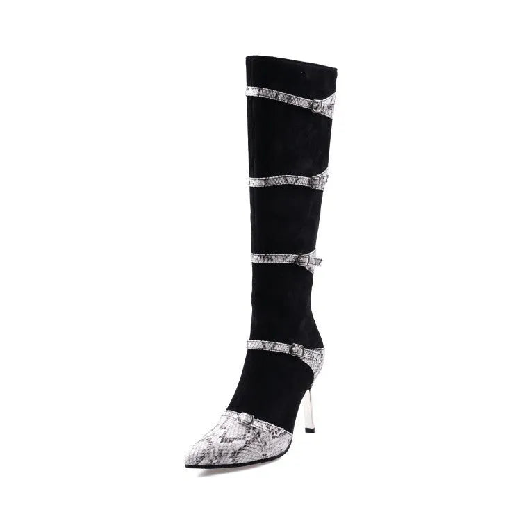 Women's grey knee-high boots with stiletto heels showing shaft height and PU leather texture
