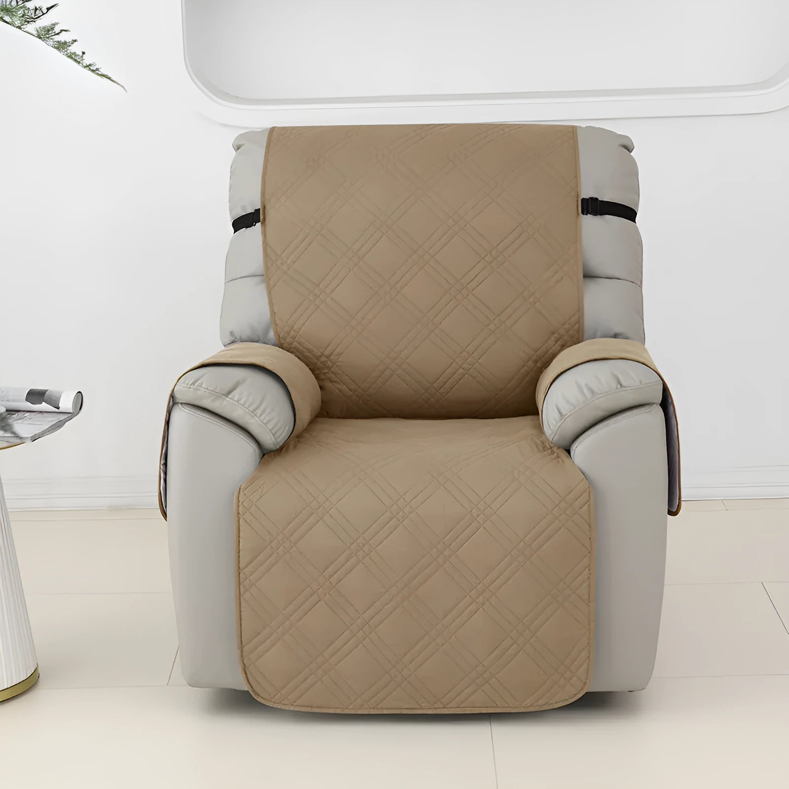 Quilted burgundy sofa cover for a Chivas massage chair cushion on a beige sofa.