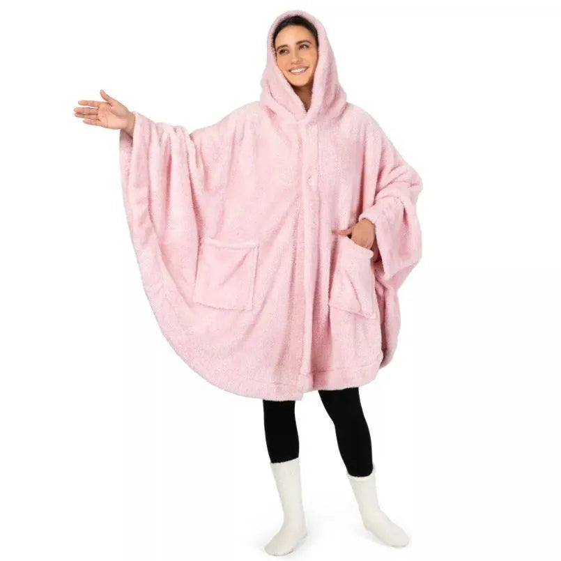 Heavy weight hooded bathrobe in polyester fleece fabric shown in black, dark grey and pink colour options