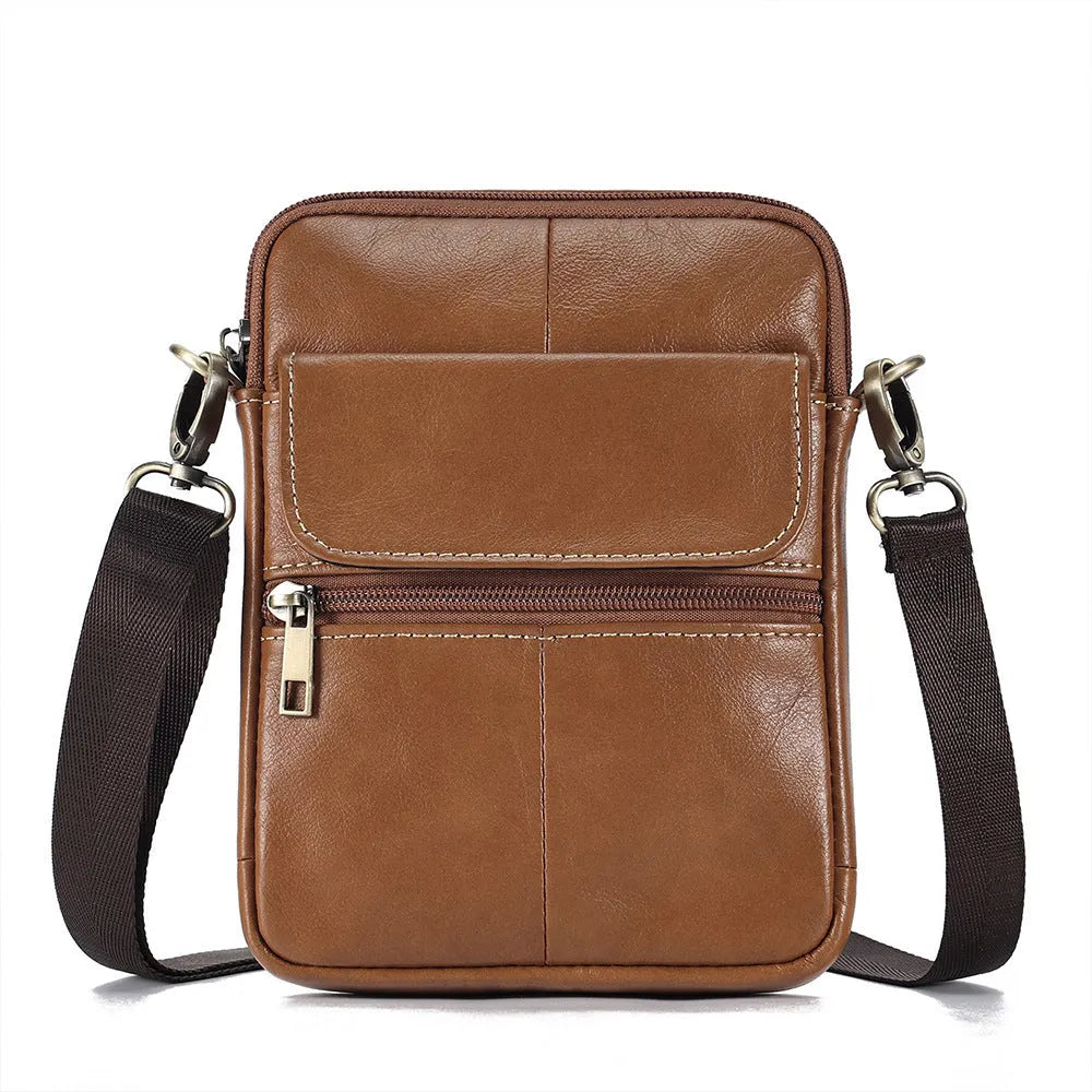 Men's brown genuine leather crossbody shoulder bag with sewing line details.