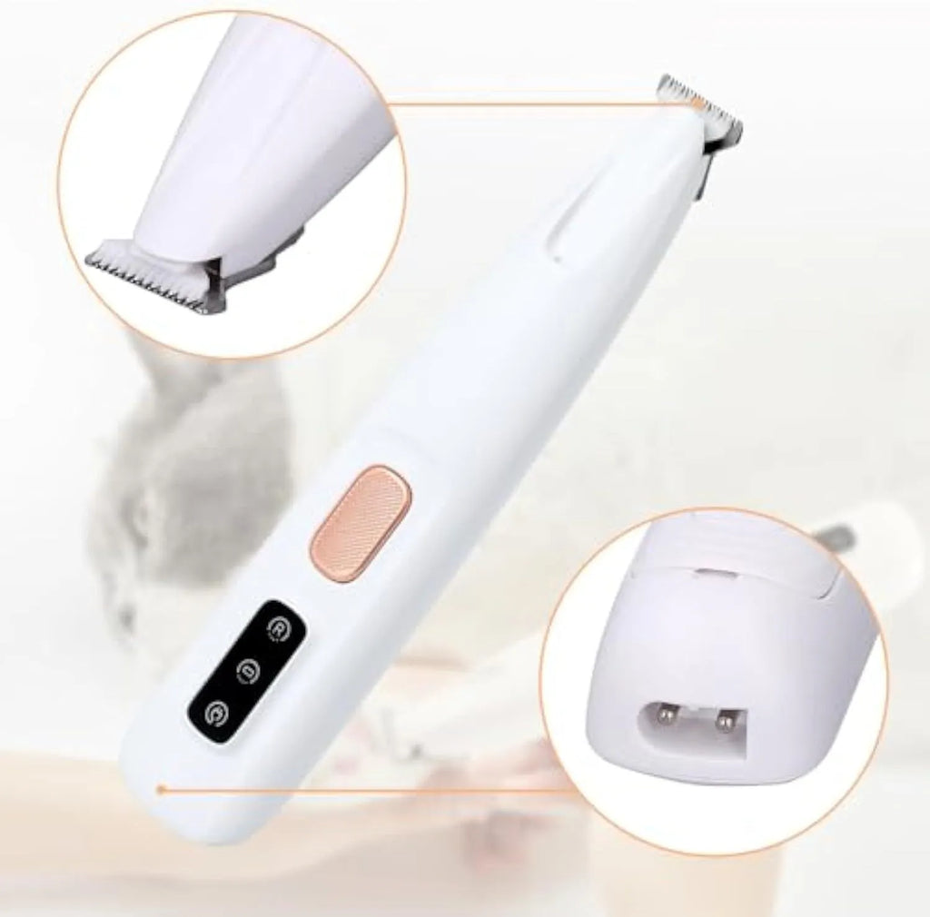 Electric dog paw trimmer in white with LED light and rechargeable base, for trimming paw fur