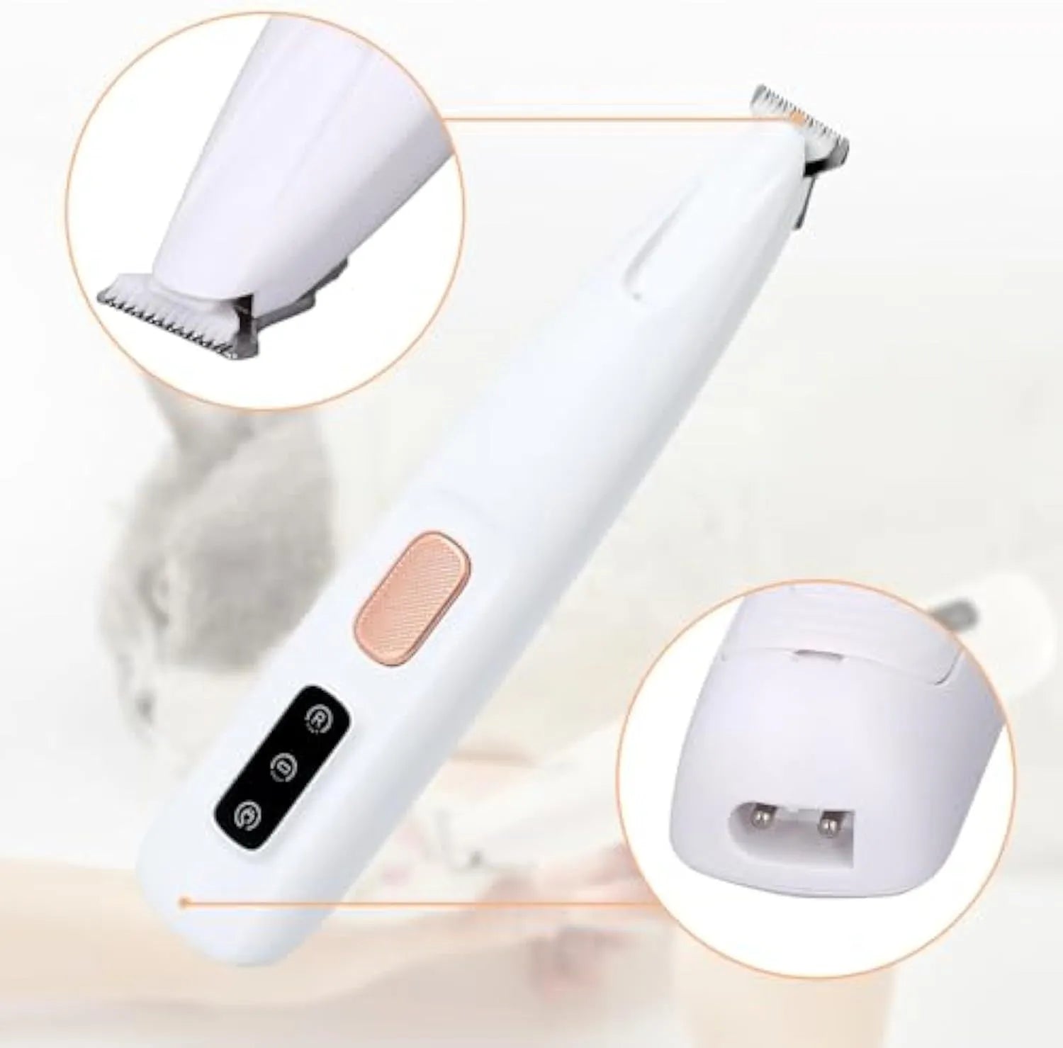 Electric dog paw trimmer in white with LED light and rechargeable base, for trimming paw fur