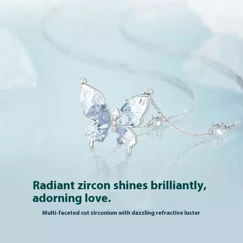 Bingyu butterfly clavicle necklace in S925 silver with ice rain pendant on O-ring chain