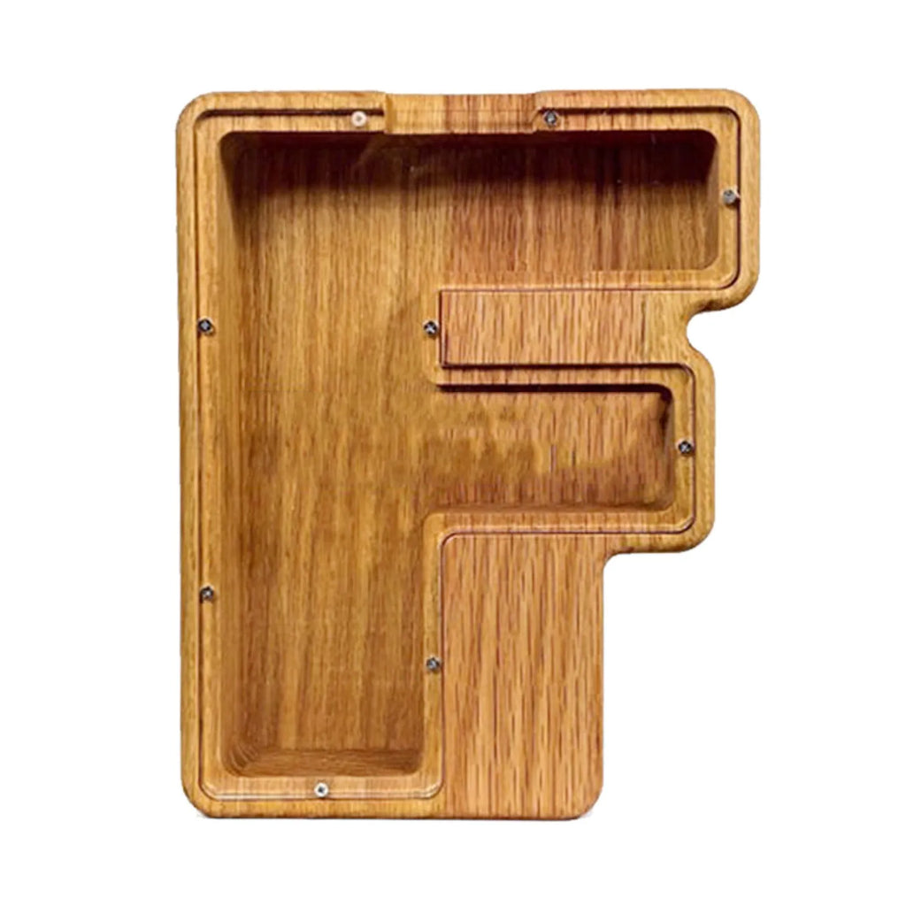 Wooden letter piggy bank in Nordic style polished wood personalised initial coin saving box