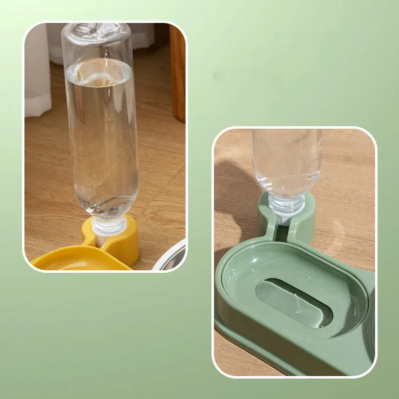 Automatic pet water bowl set with elevated food dish for cats and small dogs