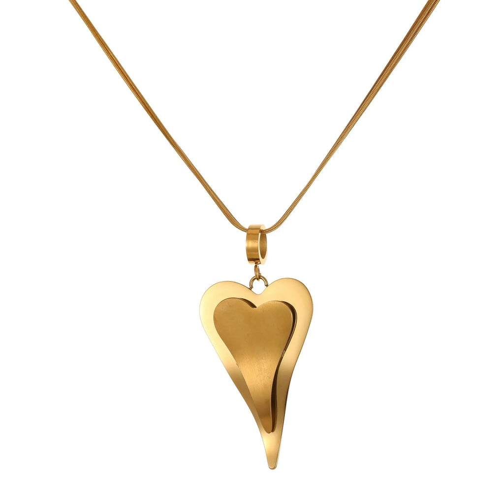 Stainless steel necklace with double heart pendant and snake bones chain design
