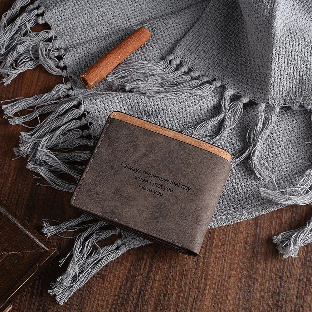 Coffee brown engraved horizontal short PU leather wallet showing front view with personalisation space.