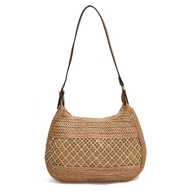 Women's straw cross body bag in khaki colour showing horizontal square shape and sandwich pocket design