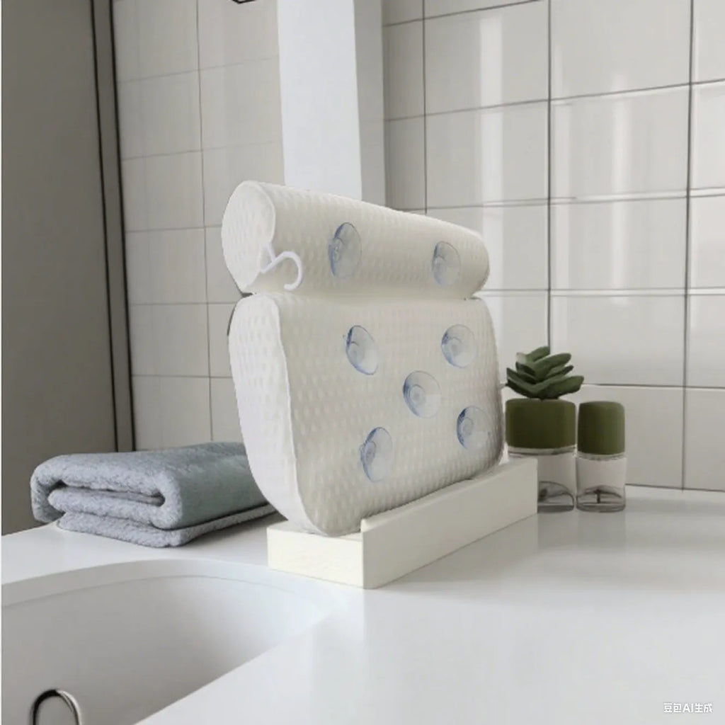 White bathtub pillow with 4D mesh fabric and 7 suction cups on a 3D material cover.