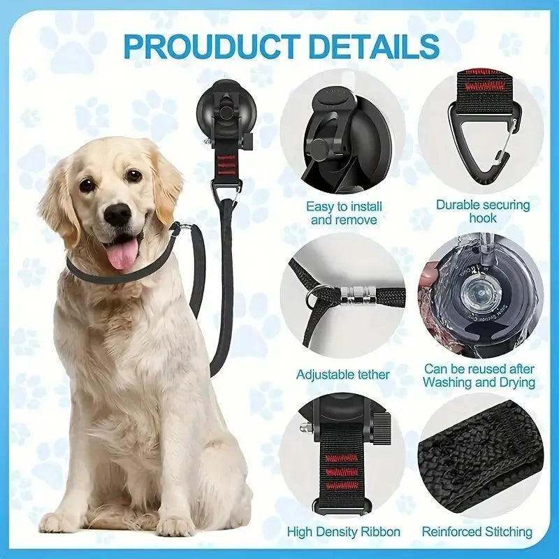Pet bathing restraint kit showing four adjustable handcuffs with suction cup bases in black and blue colours
