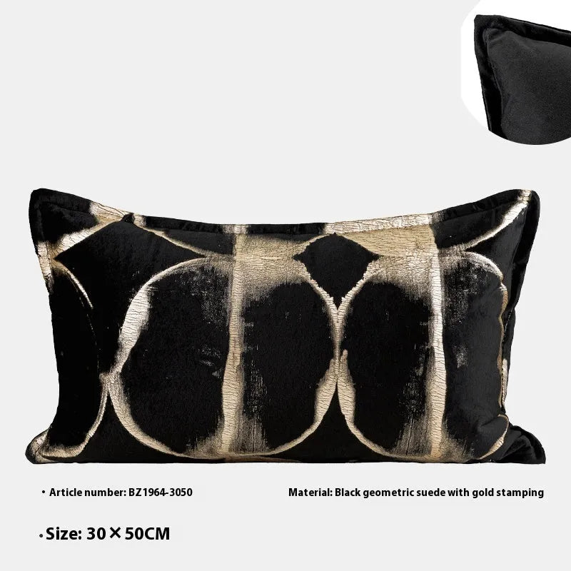 Black gold abstract pattern decorative flannel cushion with removable cover in three sizes.