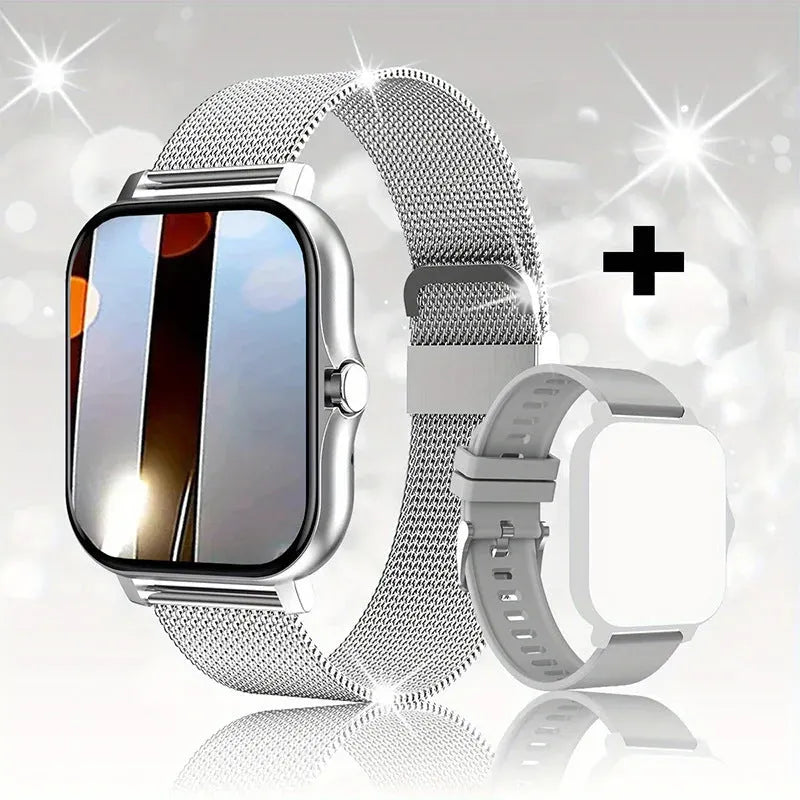 Smart watch with 1.44-inch touch screen showing heart rate display on silicone strap