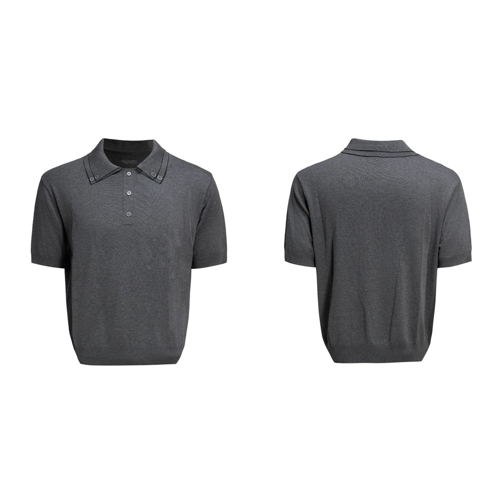 Men's double lapel collar short sleeve shirt in slim knit polyester construction