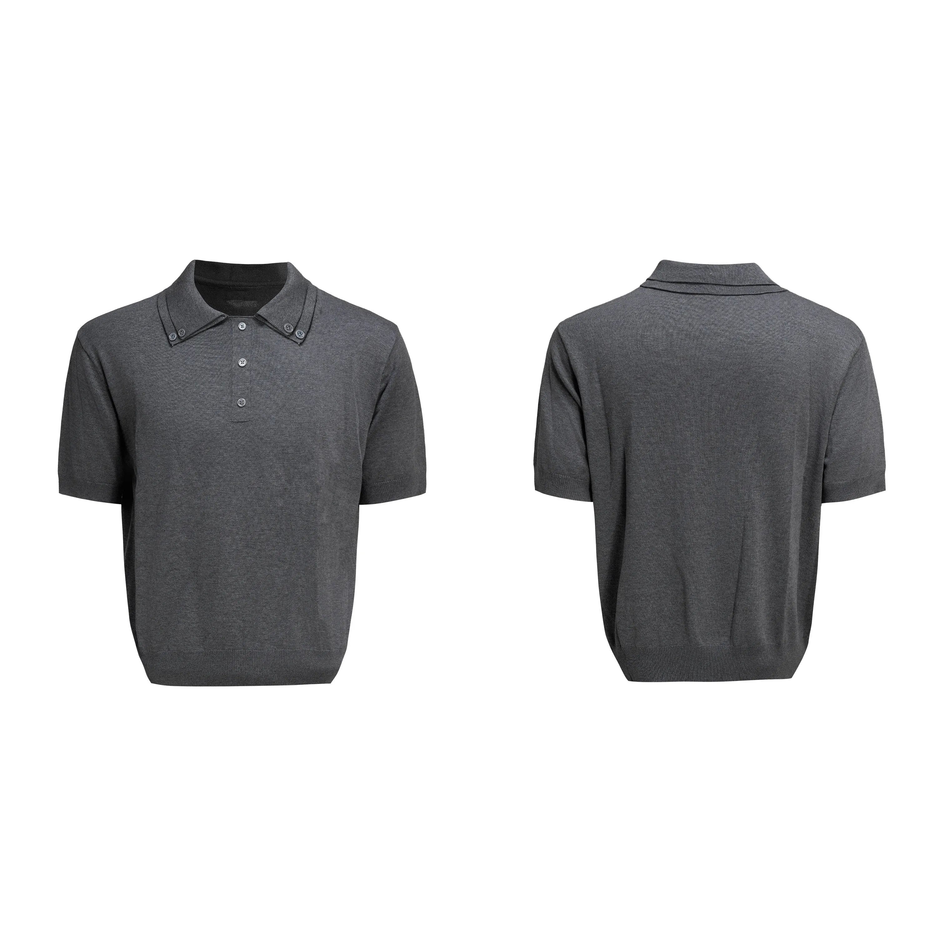 Men's double lapel collar short sleeve shirt in slim knit polyester construction