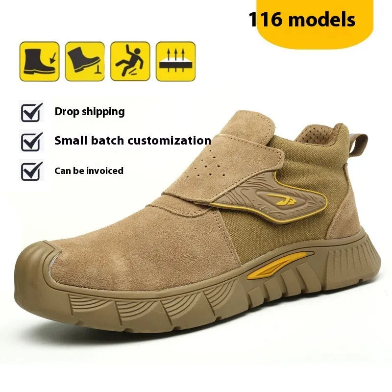High-top electric welding shoes with steel toe cap and pig super fiber upper, anti-penetration safety footwear