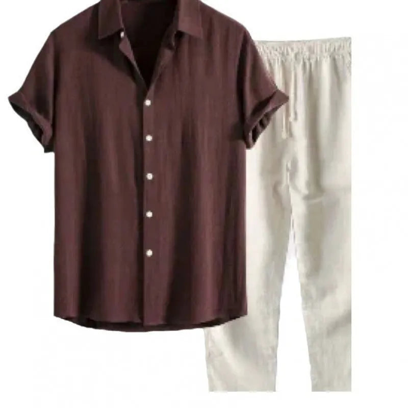 Men's casual matching shirt and trousers set in linen-blend fabric with short sleeves