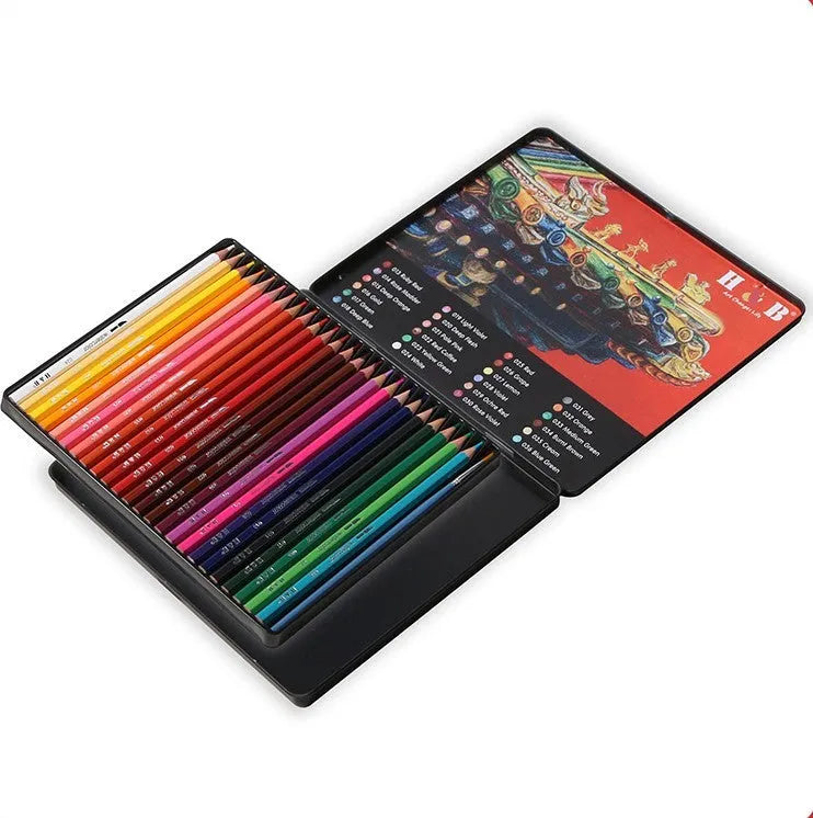 Metal tin box open to show 24 wooden water-soluble coloured pencils in assorted colours.