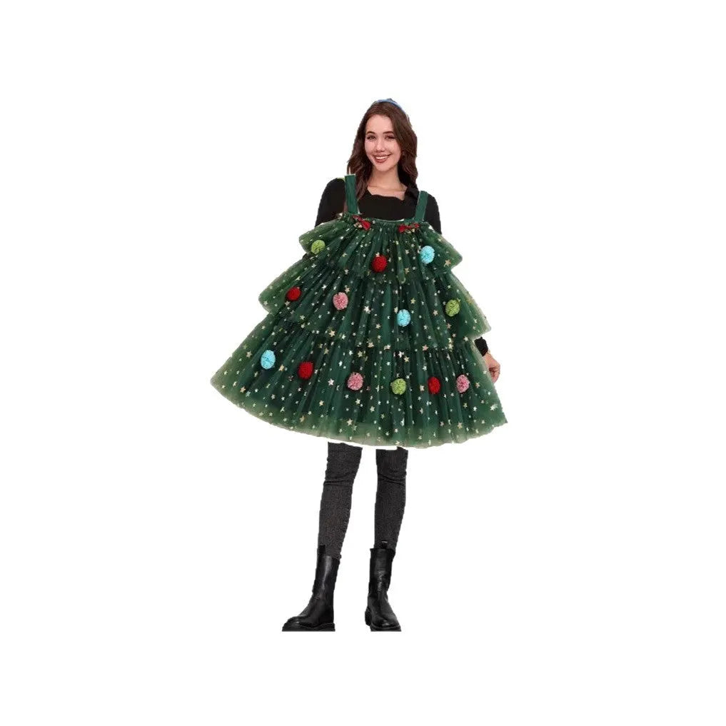 Green mesh polka dot Christmas tree pattern dress with colourful balls and tiered skirt