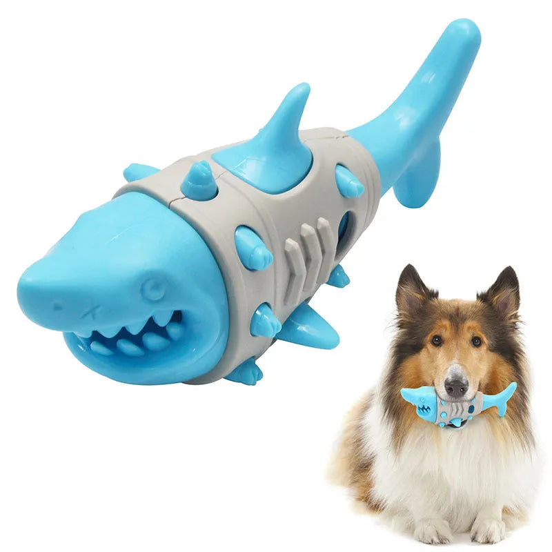 Dog teething leaky toy in blue with shark-tooth texture and bite-resistant material