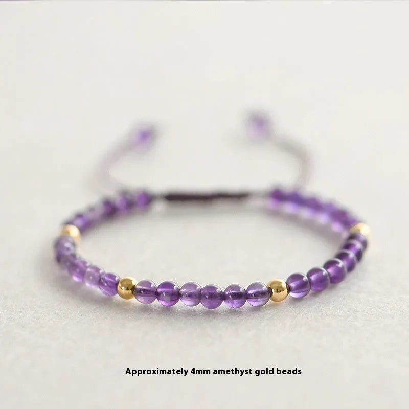 Handmade 4mm natural amethyst bracelet with 14K gold plating, purple crystal beads, unisex geometric design