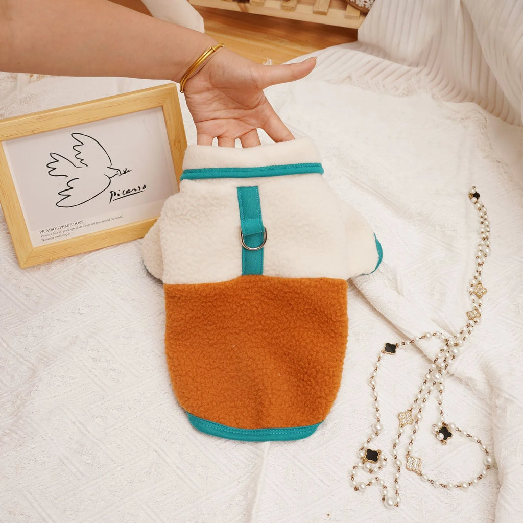 Pet autumn winter berber fleece thickened sweatshirt in caramel colour on a dog
