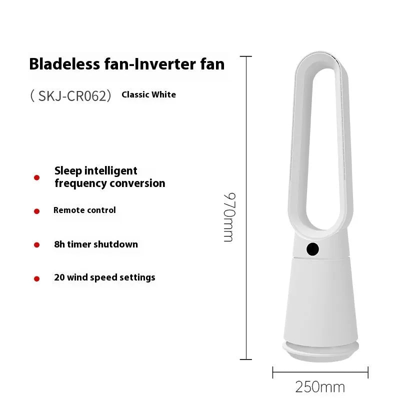 White bladeless tower fan with remote control and touch screen buttons for floor or desktop use