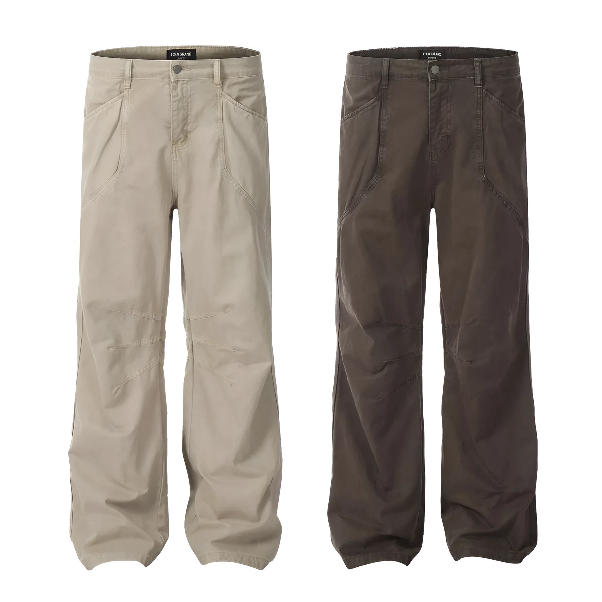 Men's straight-leg wide leg trousers in brown cotton fabric with high waist and zipper fly