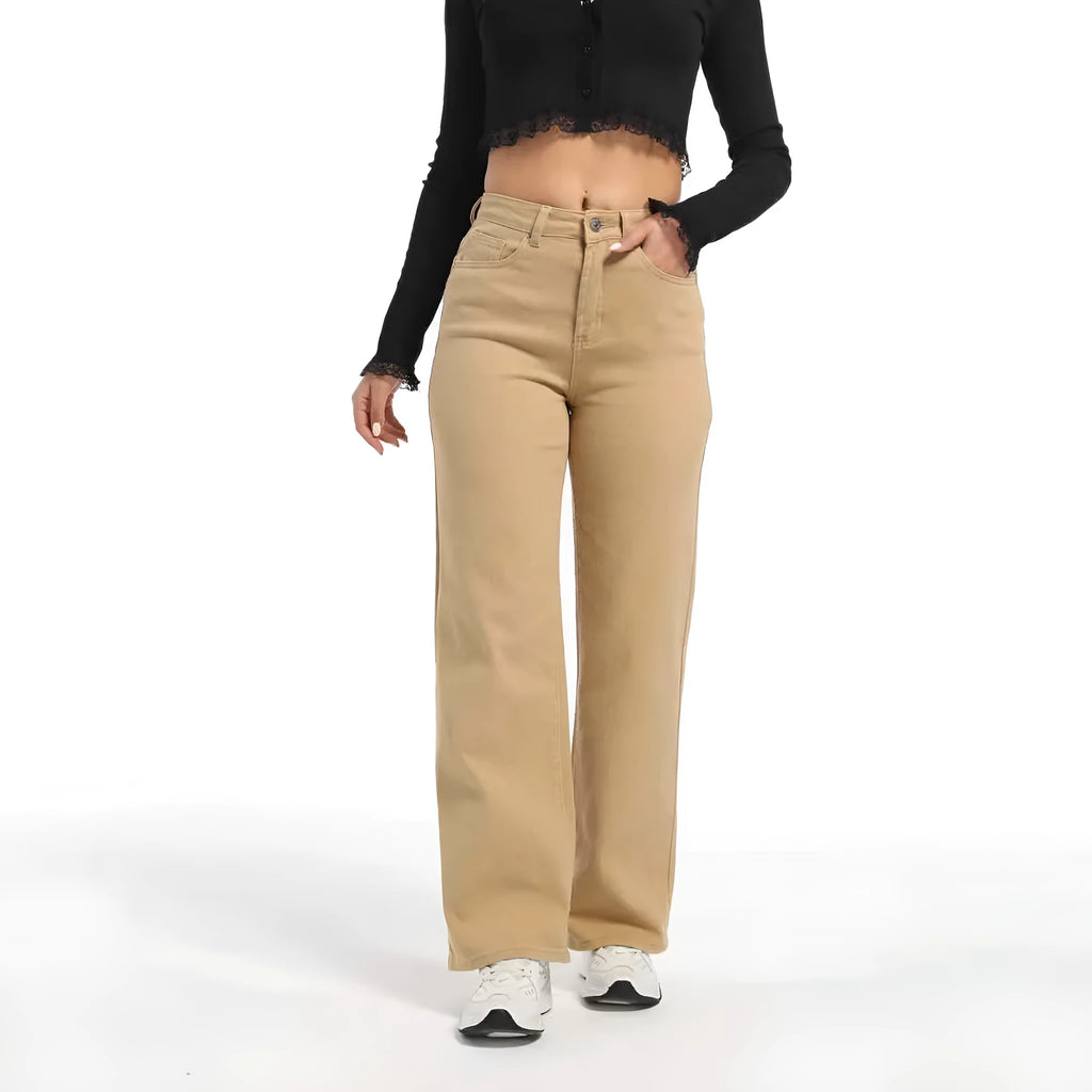 Women's autumn straight leg jeans in apricot colour with wide leg design and high waist