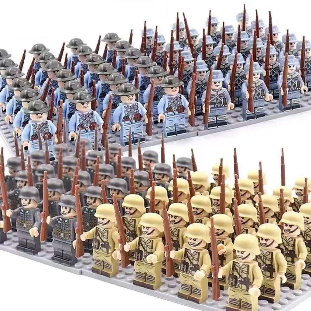 Small particle WWII military building block soldier minifigure toy set in plastic with British, American, German, and Chinese army options