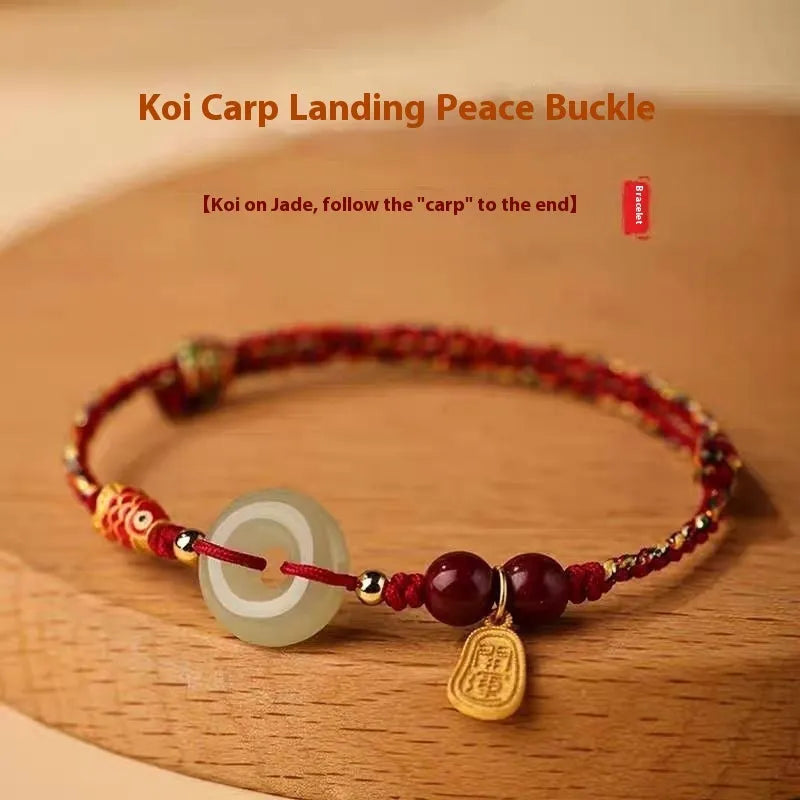 10mm Hetian jade peace buckle bracelet with colourful braided rope on wrist