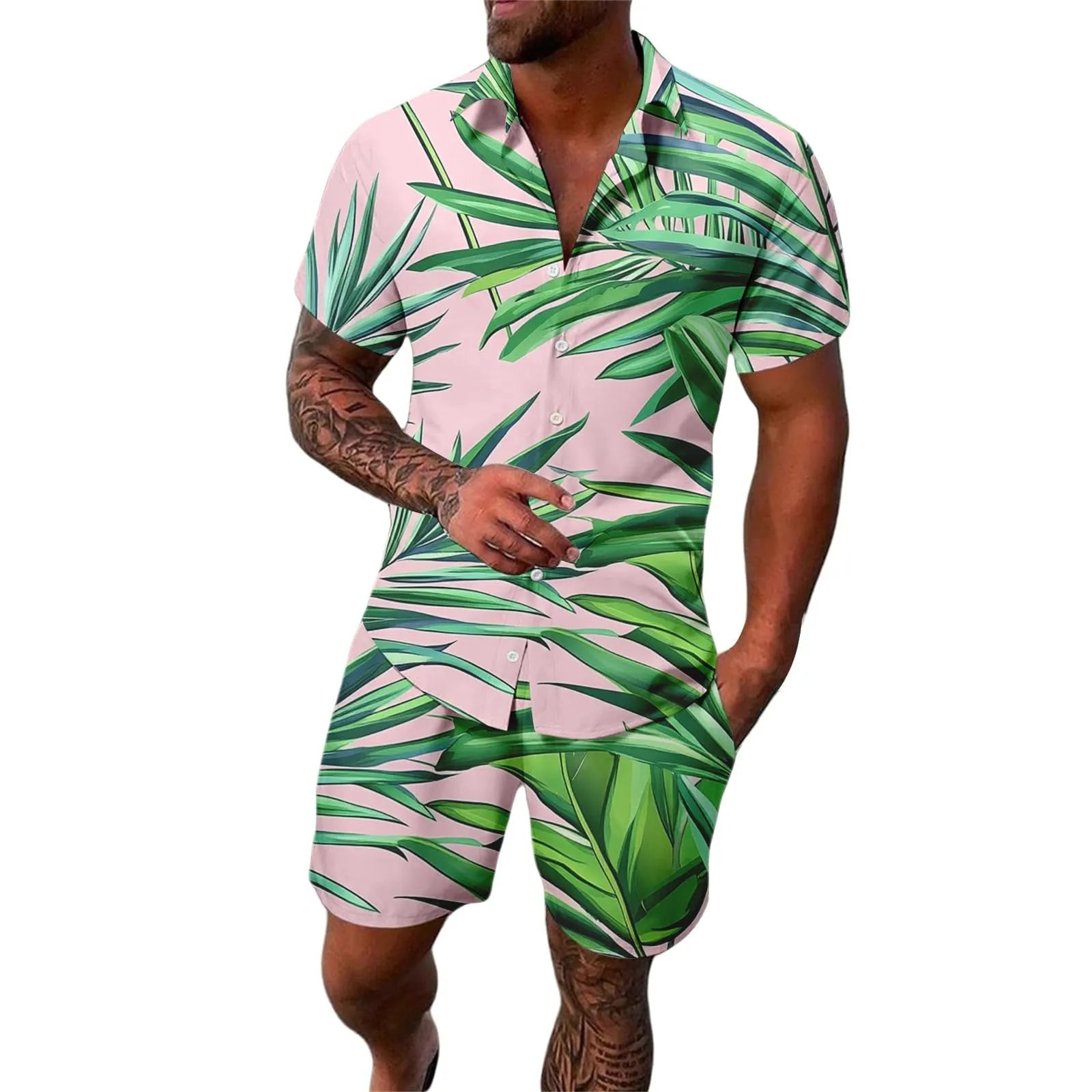 Digital printing men's casual short sleeve suit set with polyester top and trousers in multiple colours