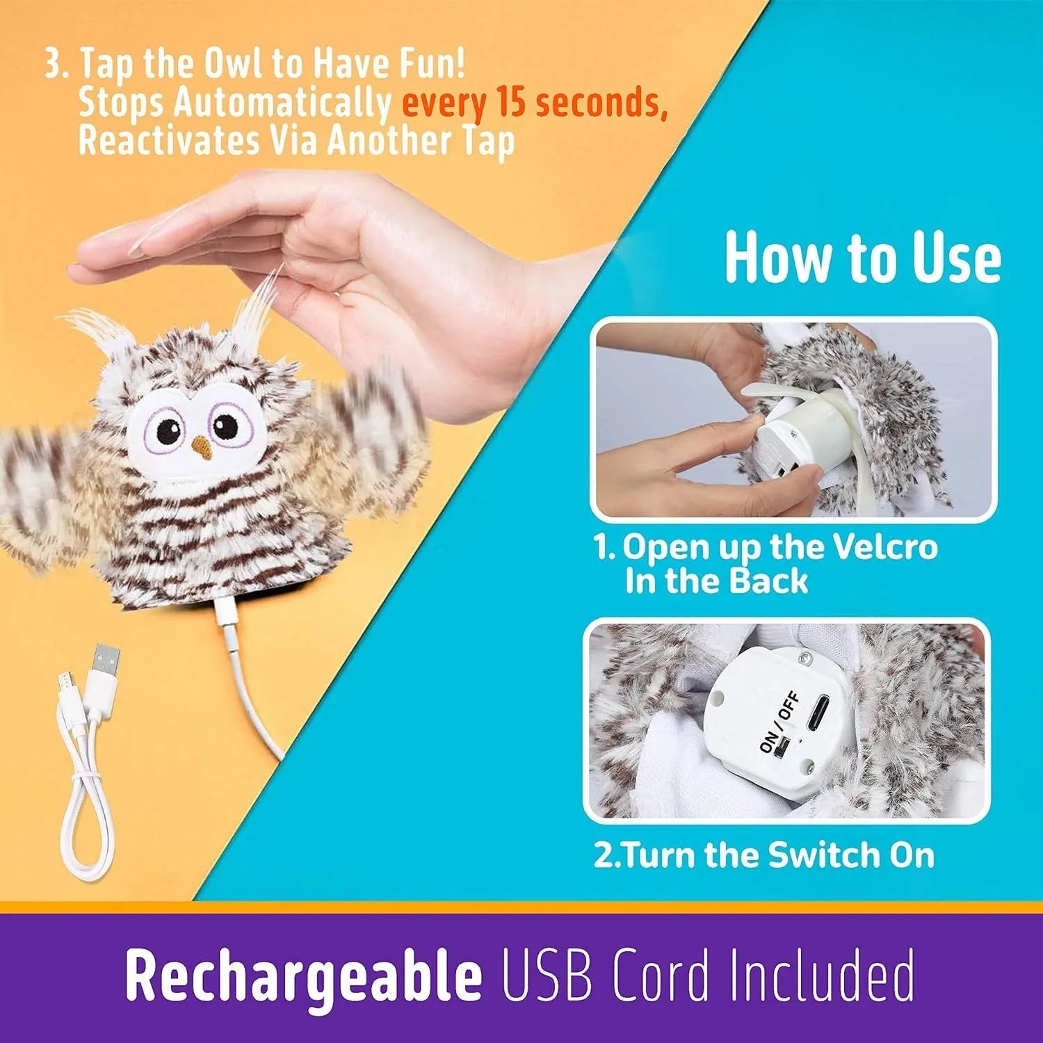 Grey automatic chirping owl cat toy with beating wings for indoor feline play