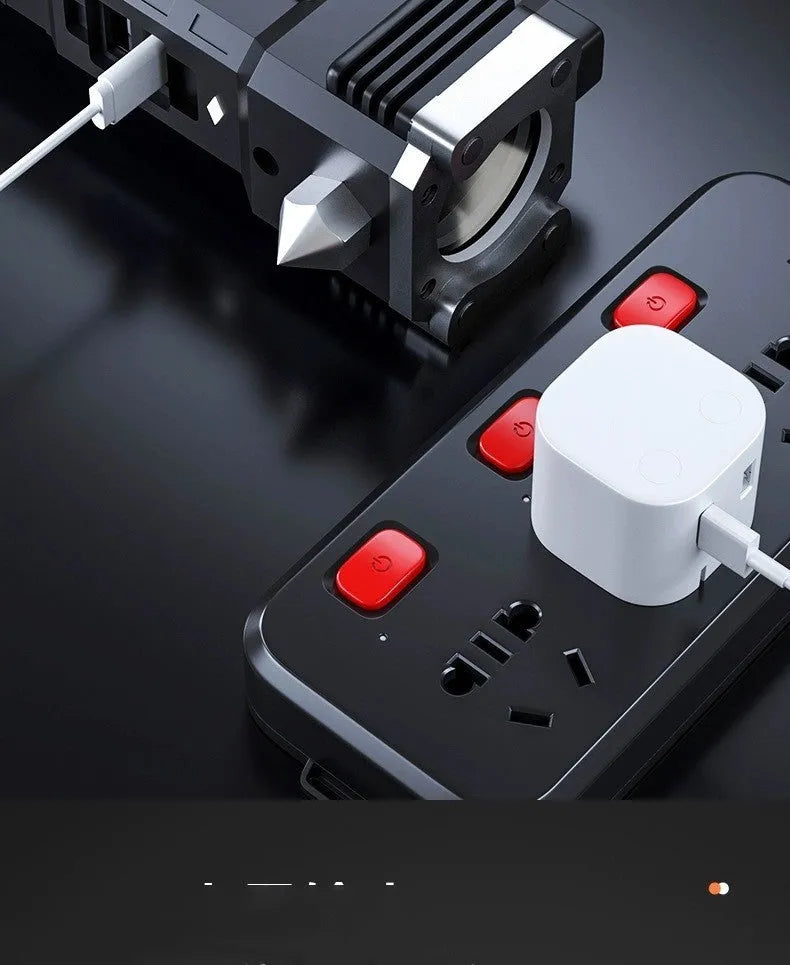 Silver LED flashlight with portable power bank function for outdoor use.