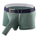 Men's solid colour ice silk boxer shorts on a mid-waist, showing available colours grey, black, green, and blue.