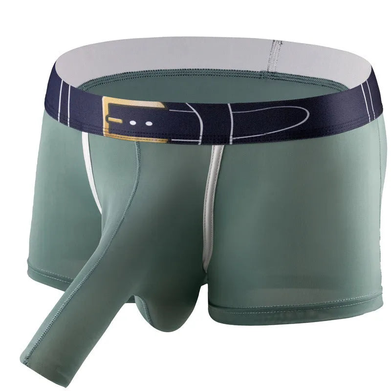 Men's solid colour ice silk boxer shorts on a mid-waist, showing available colours grey, black, green, and blue.