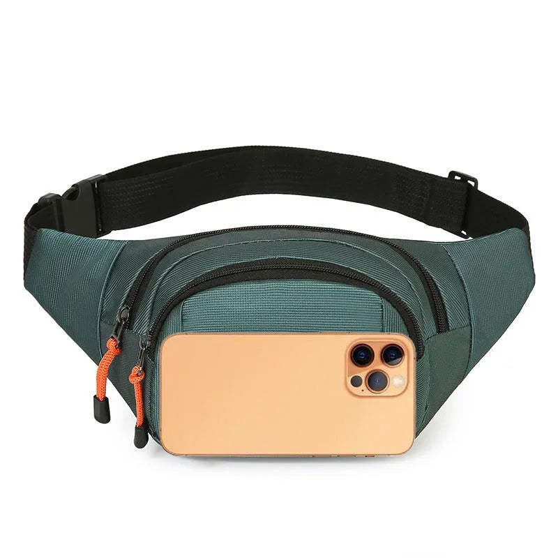 Waterproof slanted chest bag in nylon with adjustable straps showing black, grey, blue, and green colour options