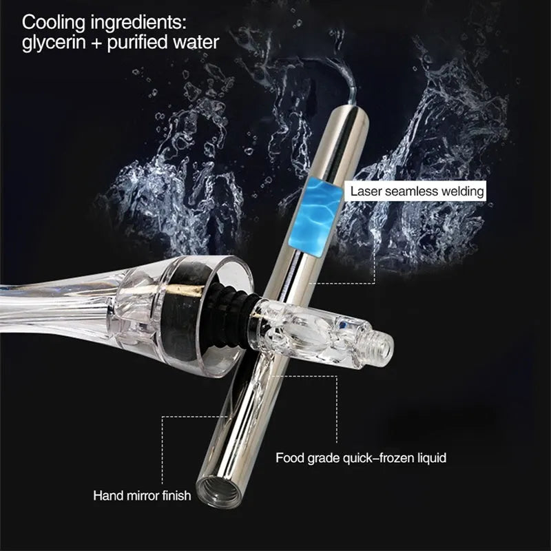 Silver stainless steel wine bottle cooler stick with built-in aerator and drip-free pouring nozzle on a table