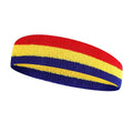 Colourful sports headband for adults in red, yellow, and blue, shown on a head during exercise.