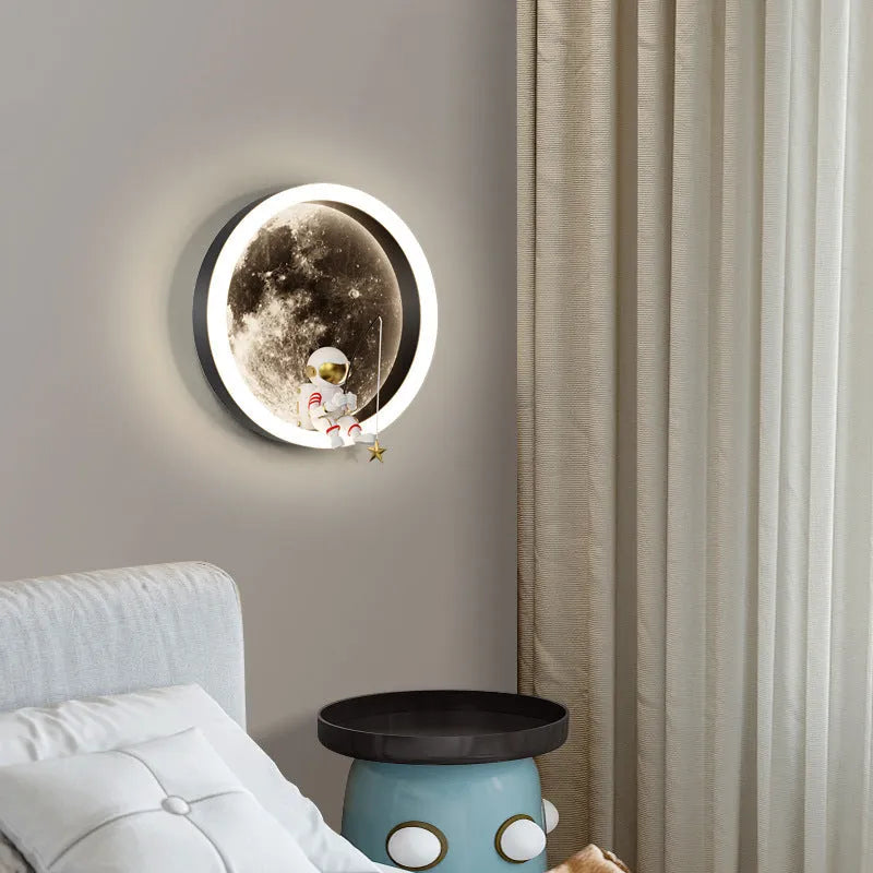 Modern minimalist moon wall lamp with acrylic shade, black finish, showing warm light, 220V