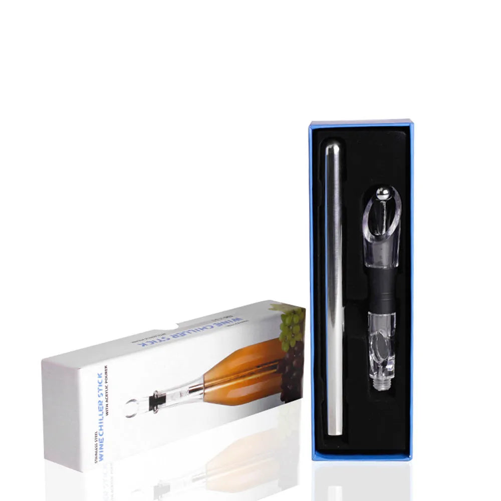 Silver stainless steel wine bottle cooler stick with built-in aerator and drip-free pouring nozzle on a table