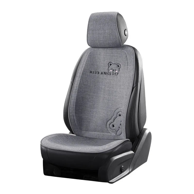 Cure Bear linen car seat cushion set with headrest and lumbar support pillow in pearl white