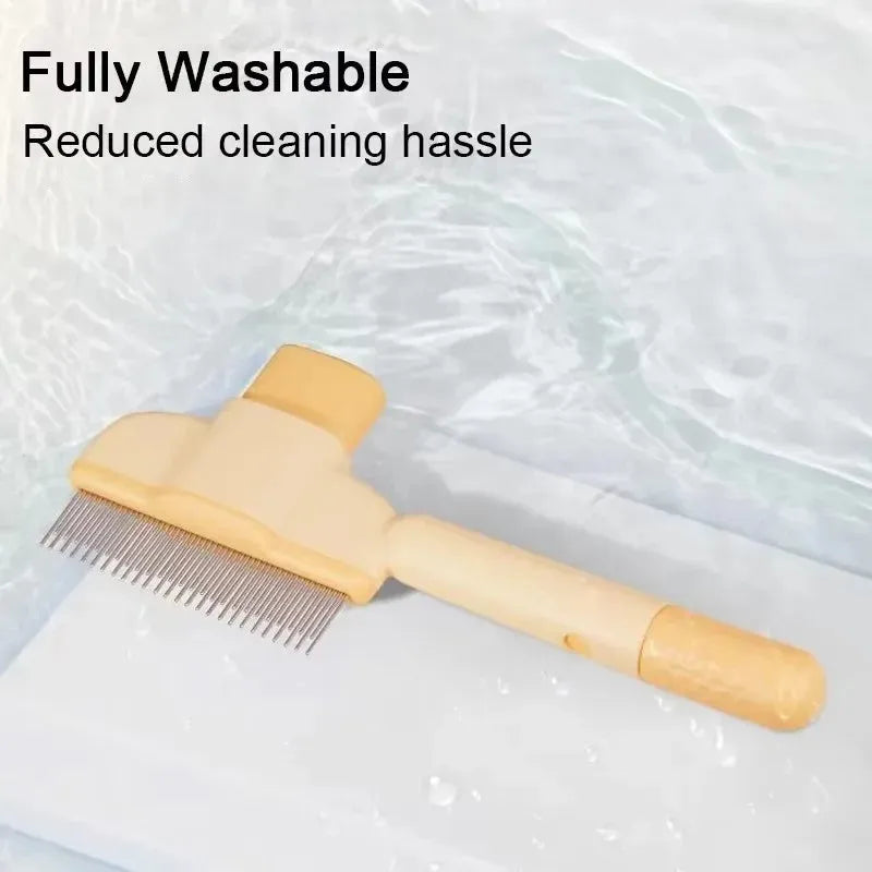 Green pet grooming brush with one-click hair removal button, gentle bristles for dogs and cats, anti-mite shedding tool