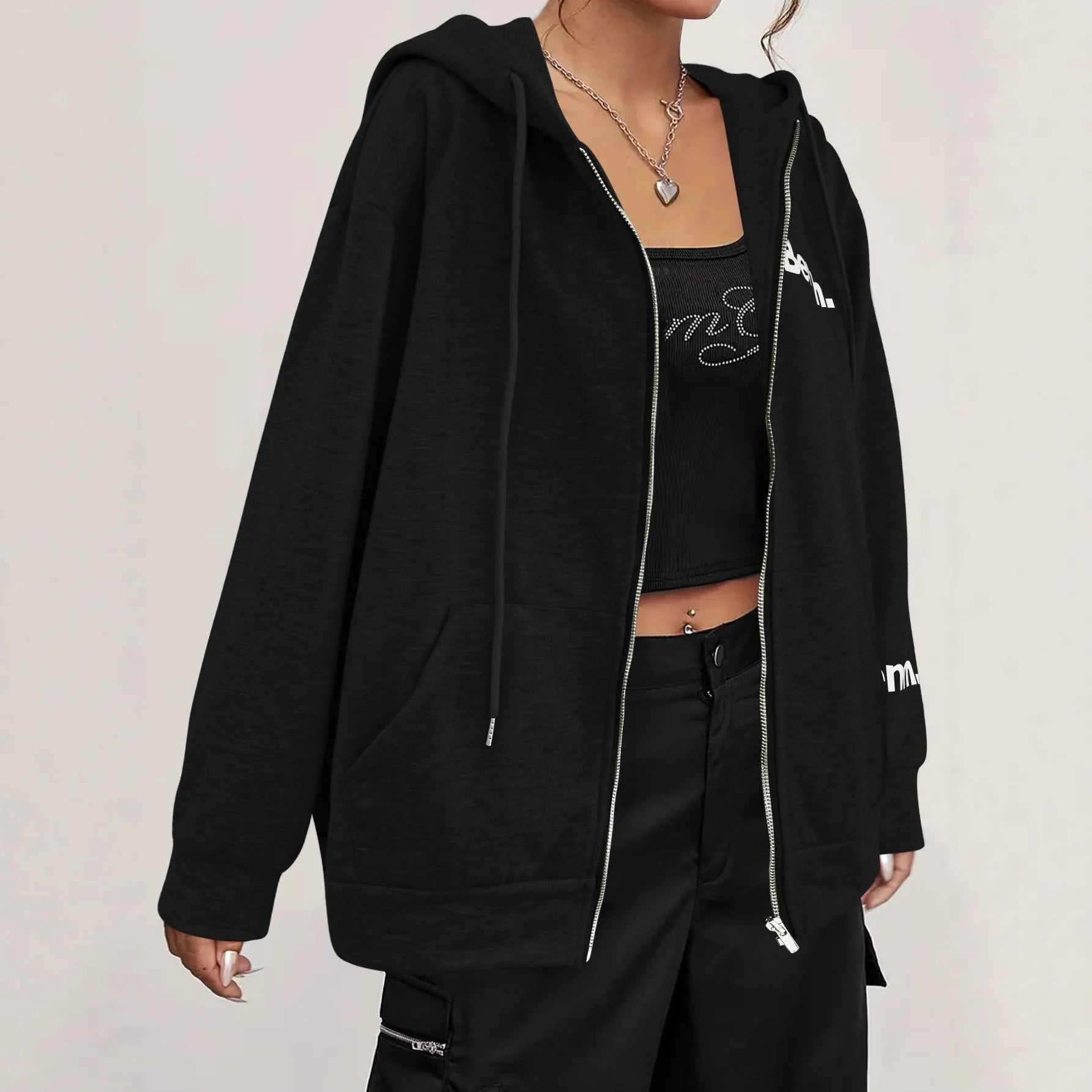 Women's loose fit grey zipper cardigan coat with letter print, polyester blend, Japanese Korean casual style