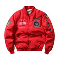 Men's slim-fit retro motorcycle coat with Harley embroidery on chest, stand collar, and patch pockets.