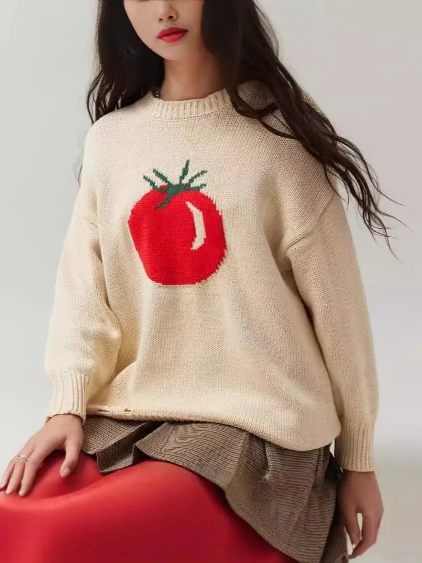 Women's beige loose-fitting acrylic sweater with round neck and long sleeves